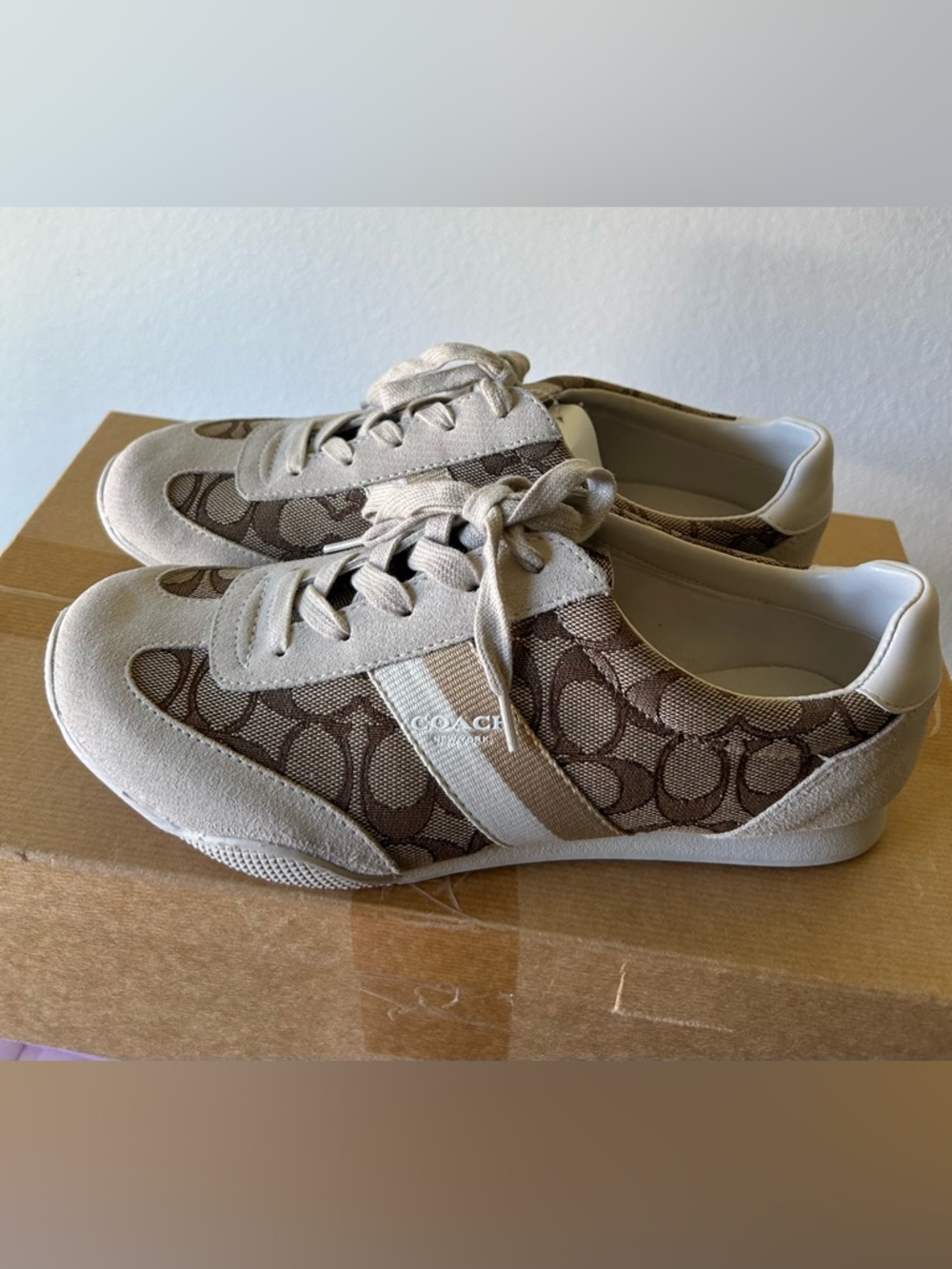 Vintage Coach Monogram Low-Top Sneakers in Beige and White